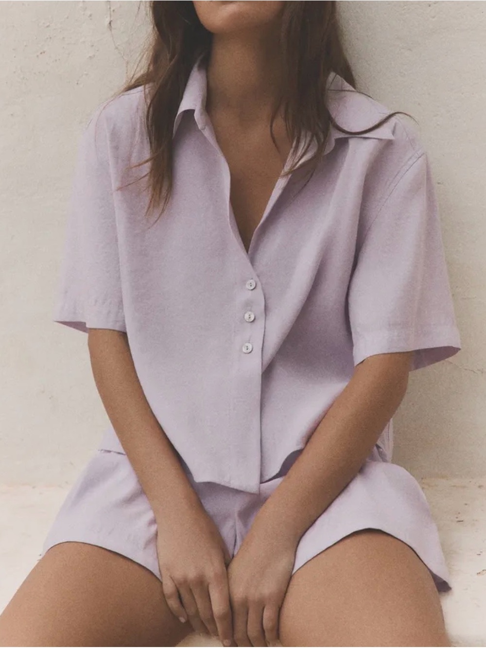 Zara Light Lavender Flowy Short-Sleeve Button-Front Shirt
